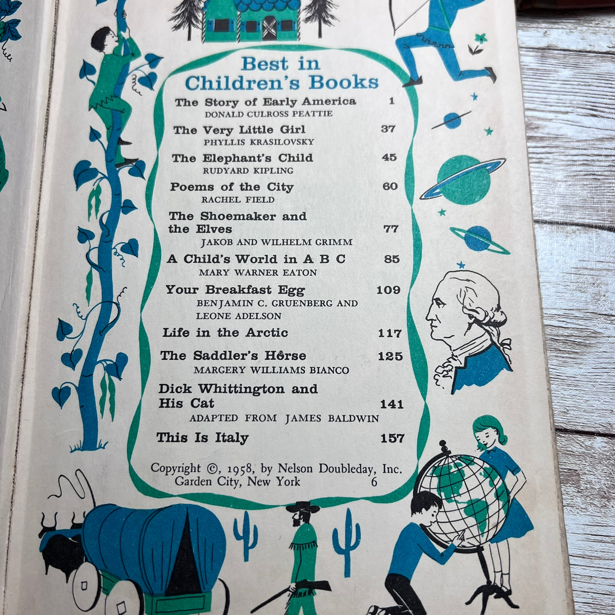 A vintage children's book cover or booklet page with illustrated cover art and a printed table of contents titled 'Best in Children's Books.' The page is photographed on a light wood surface.