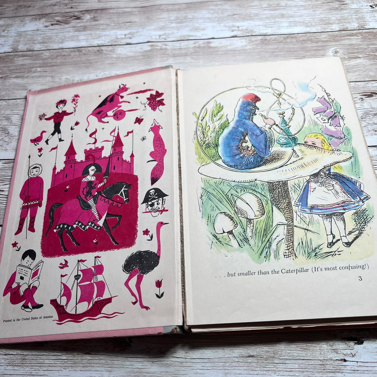 An open vintage children's book laid flat on a weathered wood surface, showing illustrated pages with whimsical drawings including a castle, a blue bird, a girl in a blue dress, and small black-and-white figures.