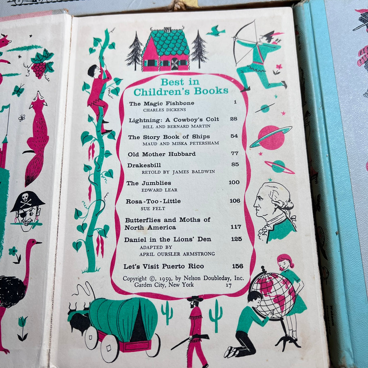 A vintage illustrated book or book page showing a printed table titled "Best in Children's Books" with book titles and page numbers, surrounded by whimsical drawings in teal, pink, black, and cream.