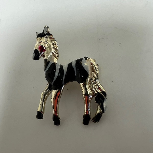 Black and White Enamel Gold Tone Zebra Brooch