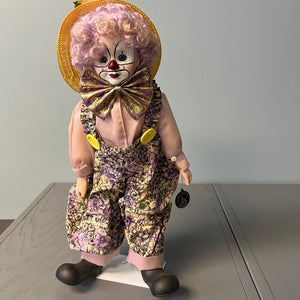 Brinns 1992 Porcelain Clown Doll Lavender Purple Clown with Stand 16 inch