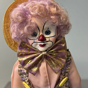 Brinns 1992 Porcelain Clown Doll Lavender Purple Clown with Stand 16 inch
