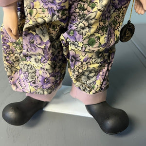 Brinns 1992 Porcelain Clown Doll Lavender Purple Clown with Stand 16 inch
