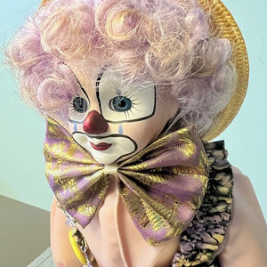 Brinns 1992 Porcelain Clown Doll Lavender Purple Clown with Stand 16 inch