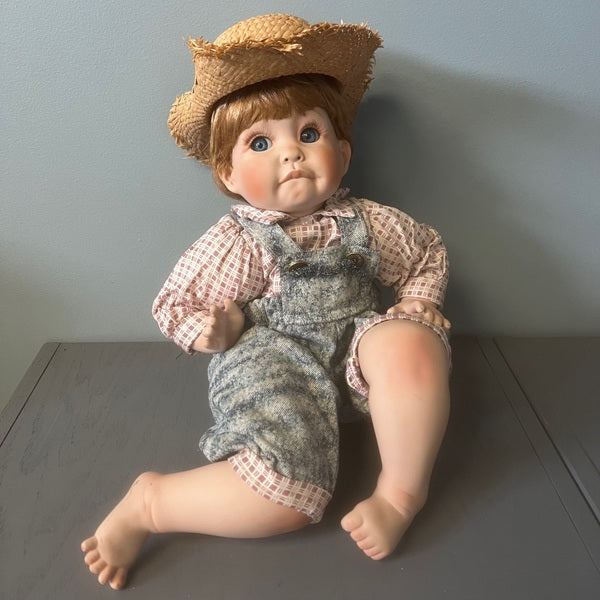 Cindy Marschner Porcelain Doll Seated Boy Doll with Straw Hat 17 inch