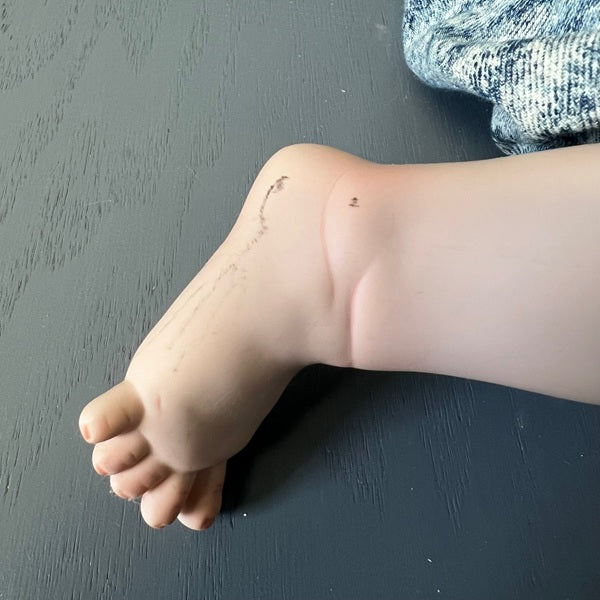 Cindy Marschner Porcelain Doll Seated Boy Doll with Straw Hat 17 inch