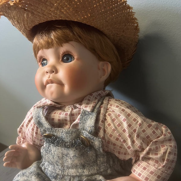 Cindy Marschner Porcelain Doll Seated Boy Doll with Straw Hat 17 inch