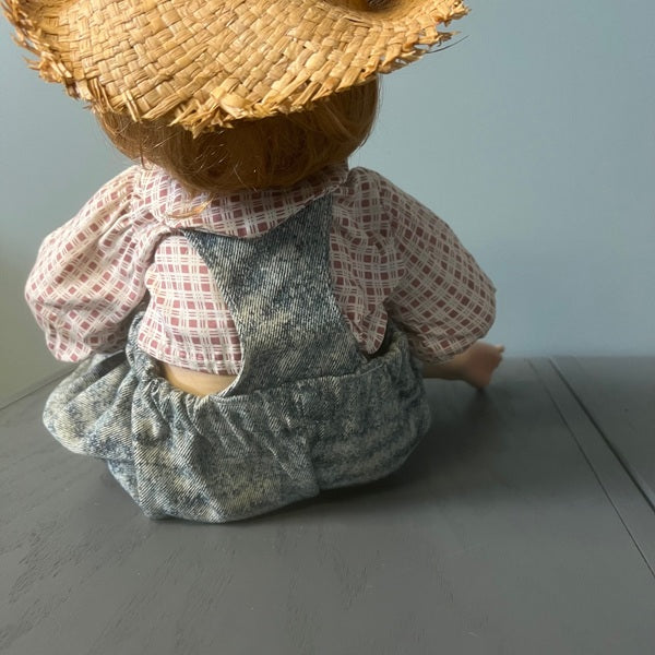 Cindy Marschner Porcelain Doll Seated Boy Doll with Straw Hat 17 inch