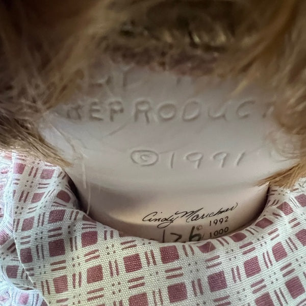 Cindy Marschner Porcelain Doll Seated Boy Doll with Straw Hat 17 inch