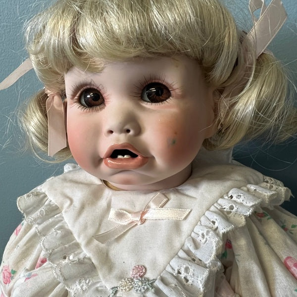 Authentic 1992 Cindy Marschner Seated Porcelain Doll with Wicker Chair