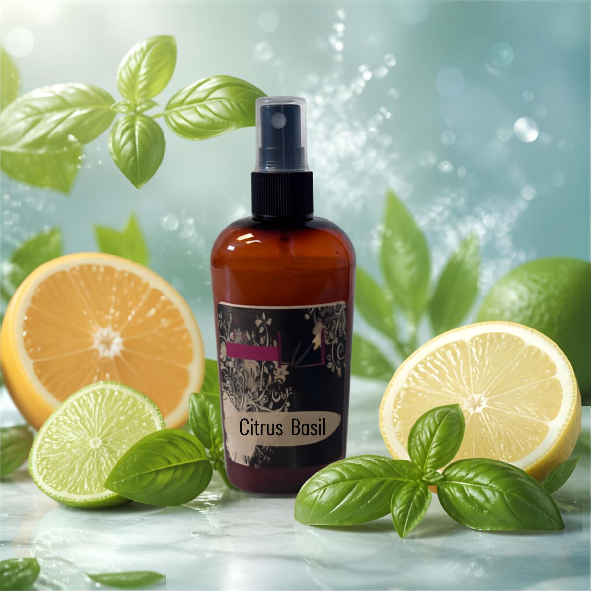 An amber spray bottle labeled 'Citrus Basil' with a black spray top, styled with fresh basil leaves, sliced orange, lime, and lemon on a light surface with a soft green-blue background.