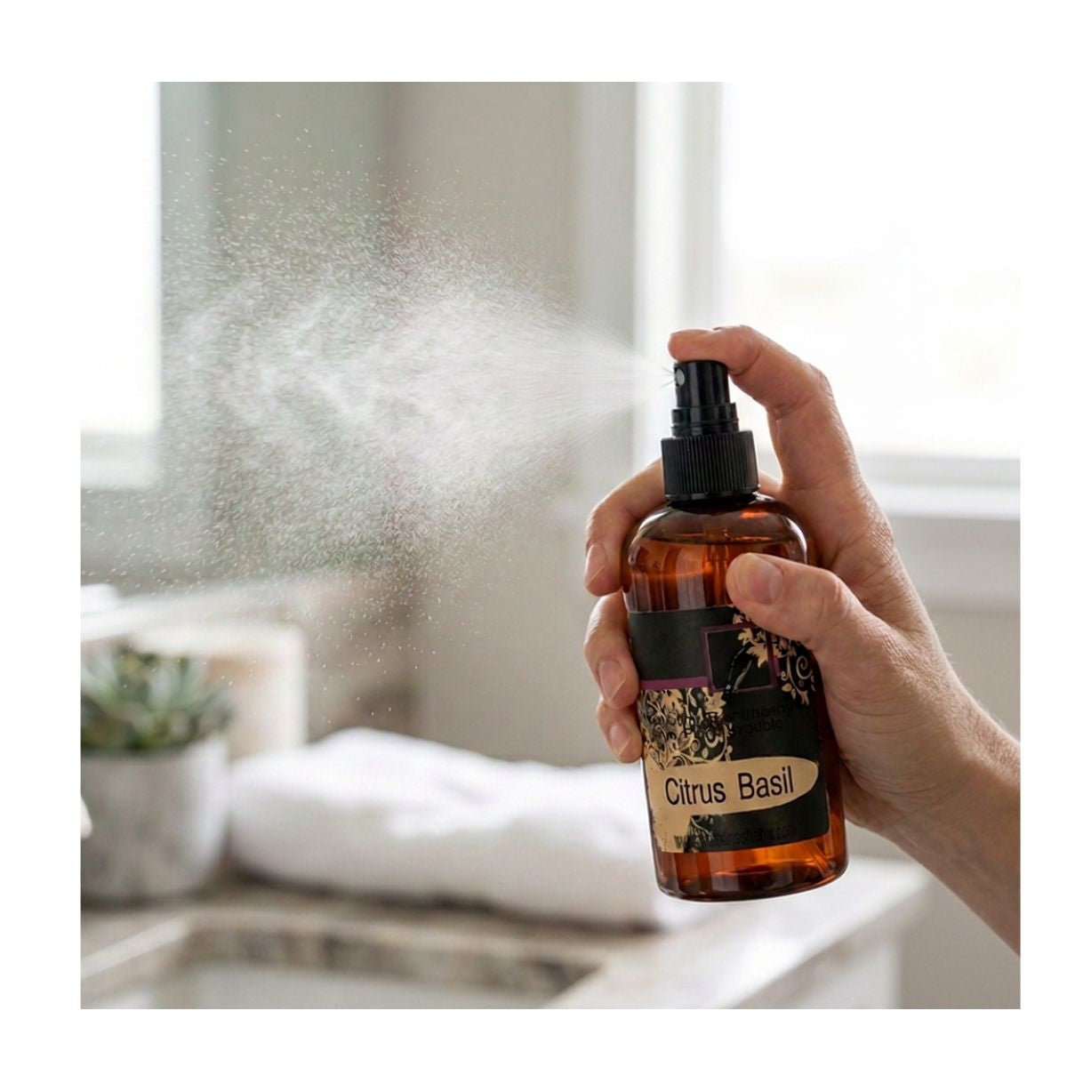 A hand holding an amber spray bottle labeled 'Citrus Basil' and spraying a fine mist in a bright bathroom setting.