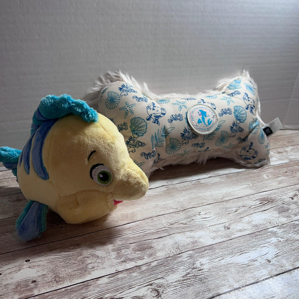Disney Little Mermaid Dog Toy Set Flounder Plush Squeaky Bone Harry Barker