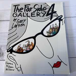 Book cover of 'The Far Side Gallery 4' by Gary Larson with a comic-style illustration of glasses and small figures.
