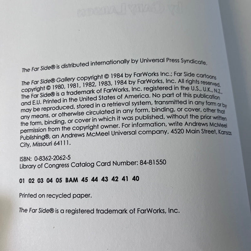 Back cover of a book with copyright and trademark information for 'The Far Side' by FarWorks, Inc.
