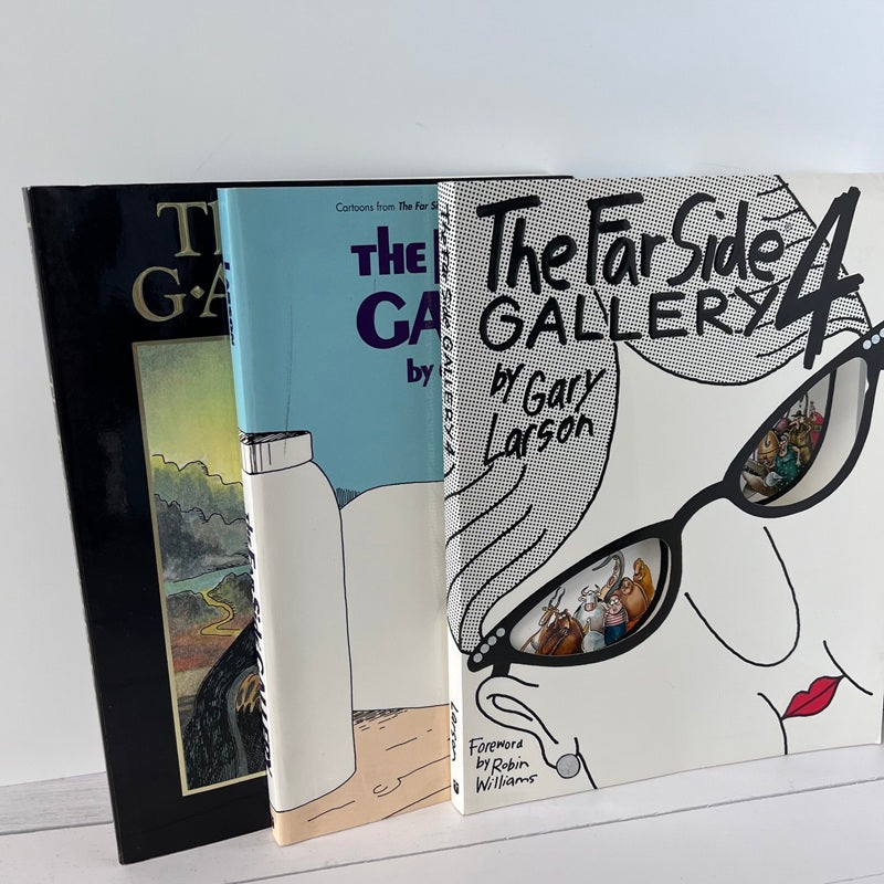 Three books from 'The Far Side Gallery' series by Gary Larson on a white surface.