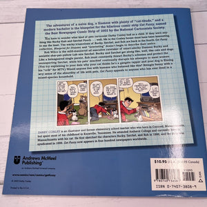 Back cover of a book with comic strip illustrations and text on a blue background