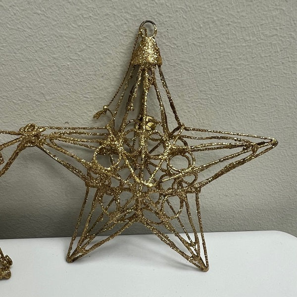 Gold Glitter 3-D Star Metal Christmas Ornament Set of 2