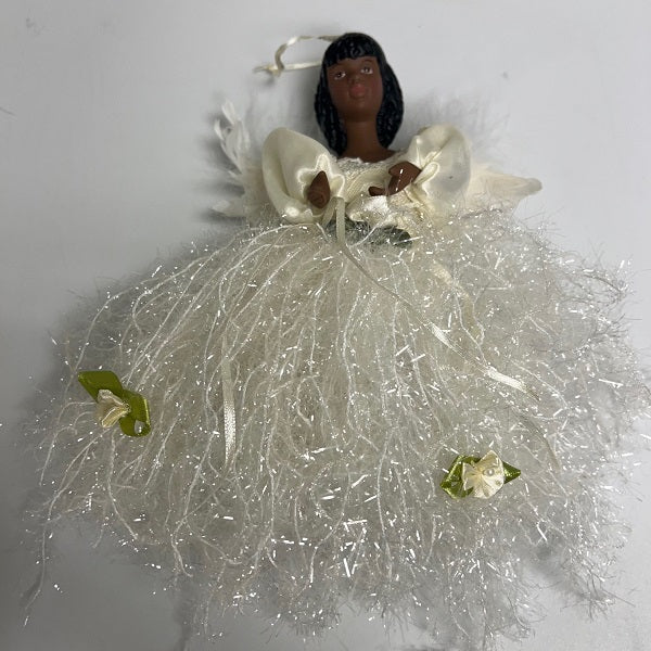 Angel Christmas Ornament Ceramic Head Fringe Body Dark Complexion