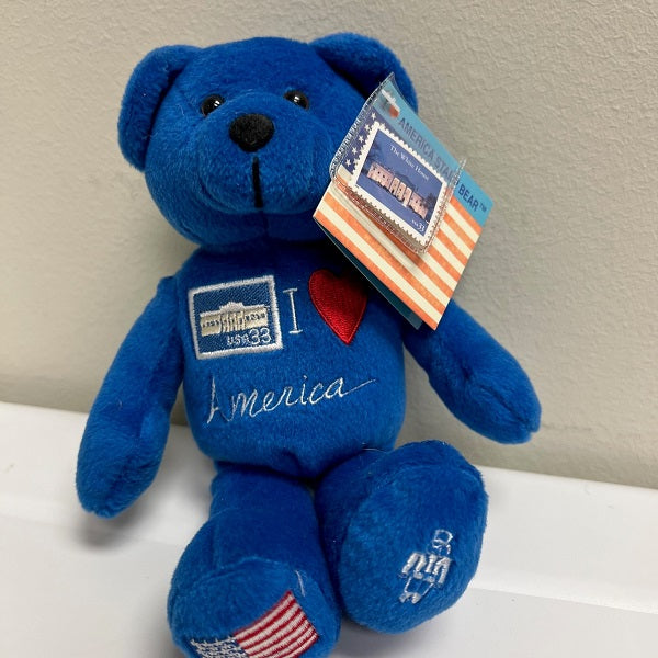 I Love America Stamp Blue Plush Beanie Bear Stuffed Animal