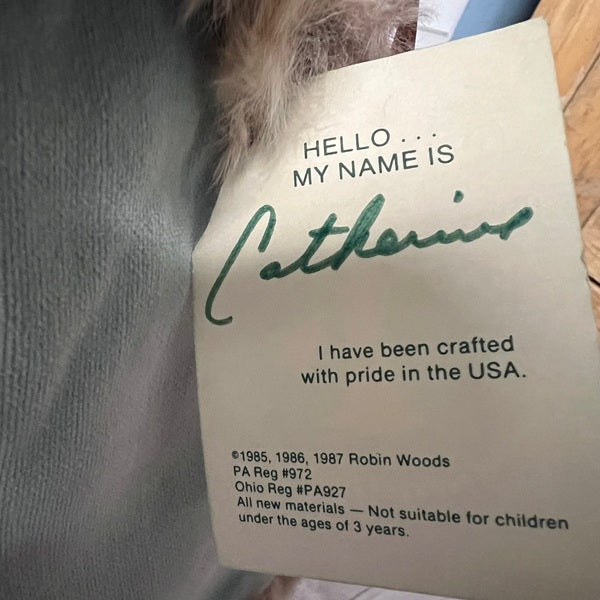 Name tag with text 'HELLO... MY NAME IS Catherine. I have been crafted with pride in the USA.'