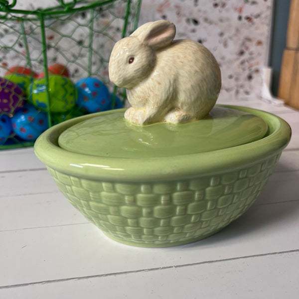 Hallmark Ceramic Easter Candy Dish Basket Weave Bunny Lid