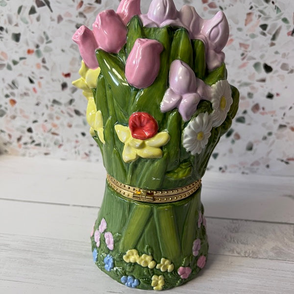 Vintage Ceramic Trinket Box Spring Flower Bouquet Hinged Top