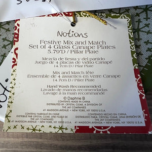 Product label for a set of 4 glass canape plates with text and decorative border.