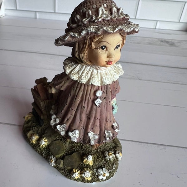 Vintage Girl Figurine Pulling A Wagon Purple Dress and Hat