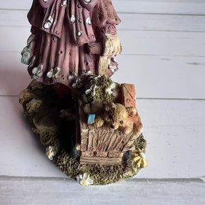 Vintage Girl Figurine Pulling A Wagon Purple Dress and Hat