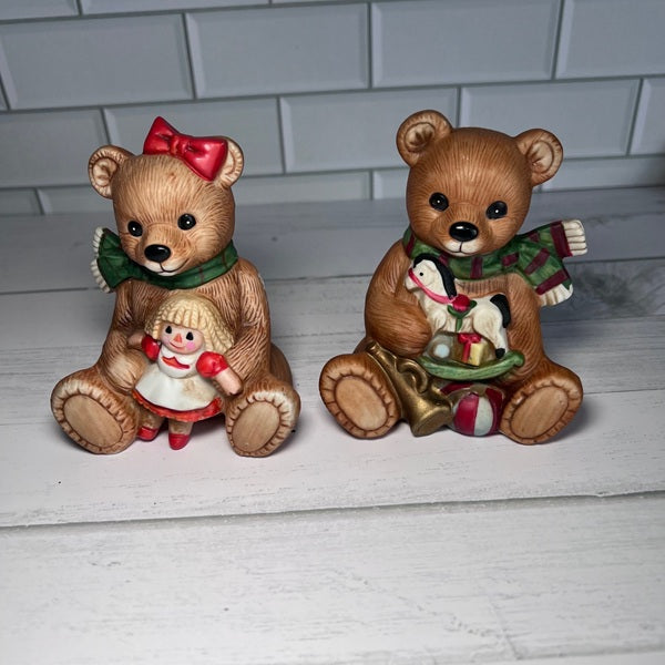 Vintage Homco Porcelain Christmas Bear Figures Set of 2 