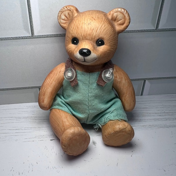 Vintage Homco Jointed Ceramic Teddy Bear with Overalls 4.5in