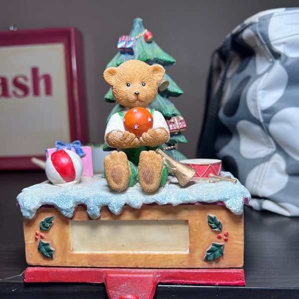 Christmas Stocking Mantel Hanger With Bear Christmas Tree Gifts Scene 