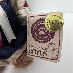 Close-up of a 'Gen-yoo-wine Boyds' product with a tag on a white background
