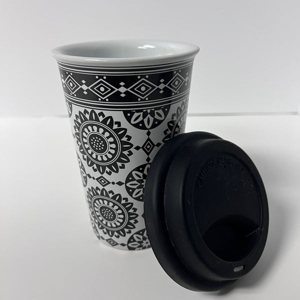 Longaberger Black Medallion Ceramic Travel Coffee Mug with Lid