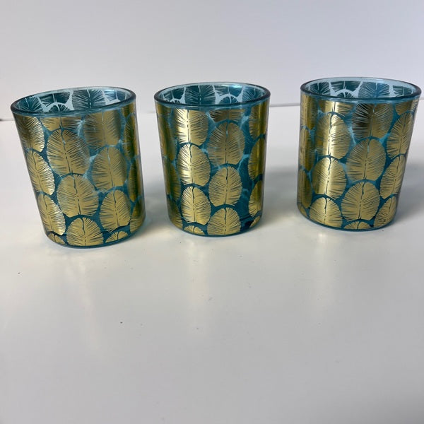 Blue Votive Candle Holder Gold Embossed Leaf Pattern Set of 3