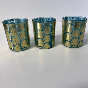 Blue Votive Candle Holder Gold Embossed Leaf Pattern Set of 3