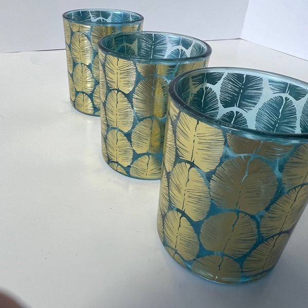 Blue Votive Candle Holder Gold Embossed Leaf Pattern Set of 3