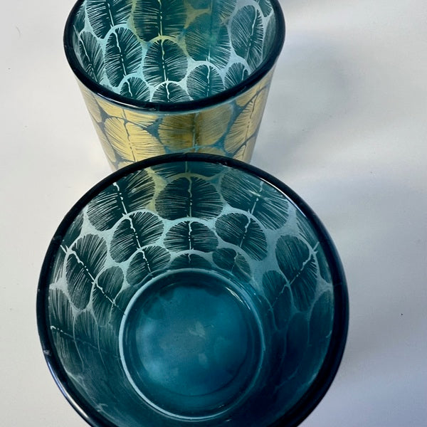 Blue Votive Candle Holder Gold Embossed Leaf Pattern Set of 3