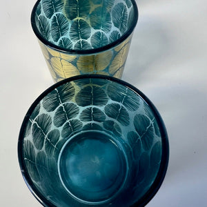 Blue Votive Candle Holder Gold Embossed Leaf Pattern Set of 3