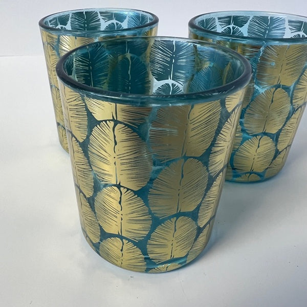 Blue Votive Candle Holder Gold Embossed Leaf Pattern Set of 3