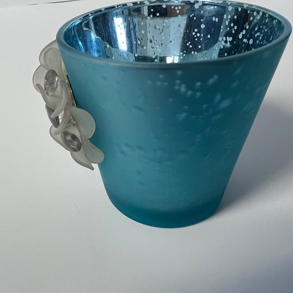 Hobby Lobby Tea Light Candle Holder Blue with 3D White Flower Bead Accent 