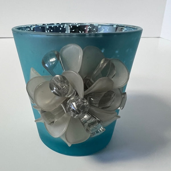 Hobby Lobby Tea Light Candle Holder Blue with 3D White Flower Bead Accent 