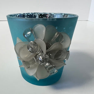 Hobby Lobby Tea Light Candle Holder Blue with 3D White Flower Bead Accent 
