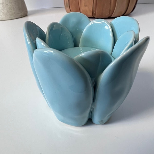 Ceramic Lotus Flower Tealight Candle Holder Blue