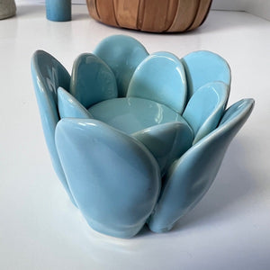 Ceramic Lotus Flower Tealight Candle Holder Blue