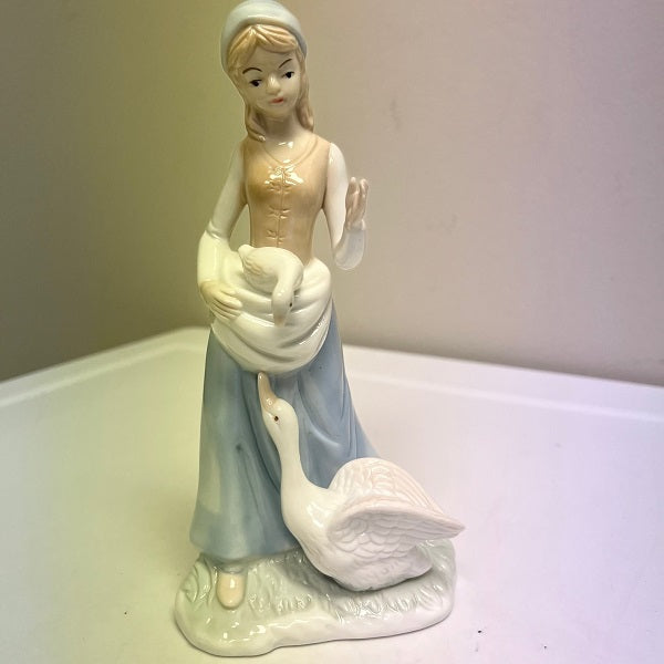 Porcelain Woman Figurine Shepherdess with Goose Vintage Collectible