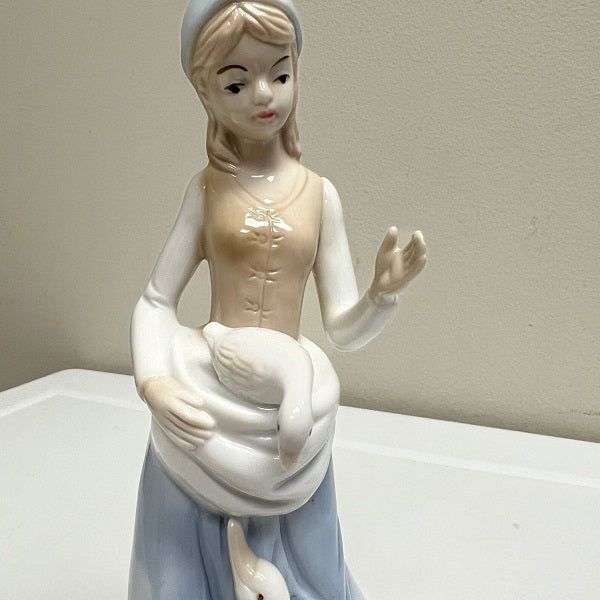 Porcelain Woman Figurine Shepherdess with Goose Vintage Collectible