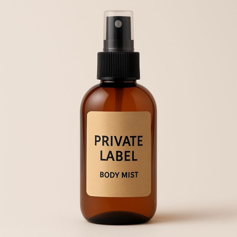 Brown spray bottle labeled 'Private Label Body Mist' on a beige background