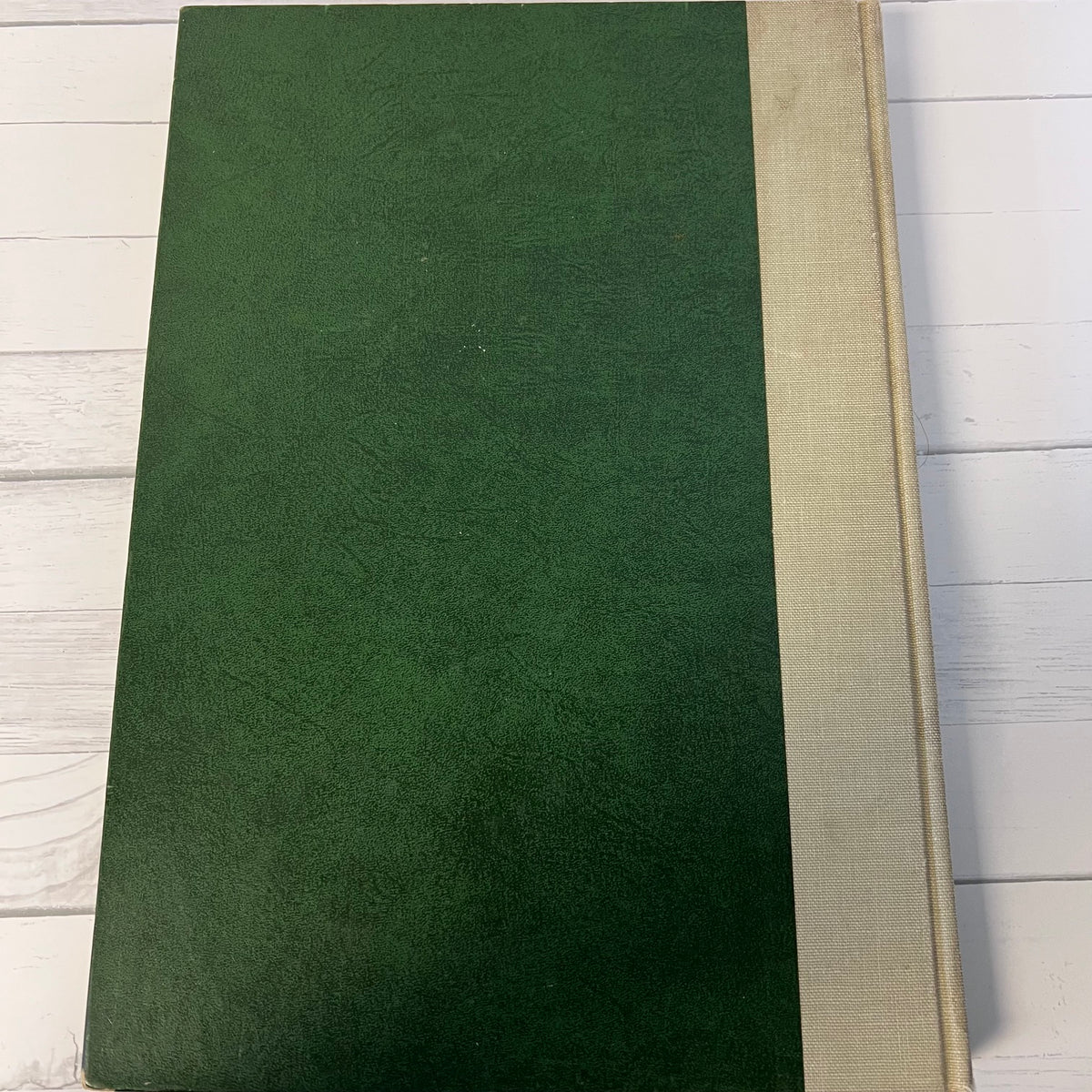 Green mat with beige border on a wooden floor
